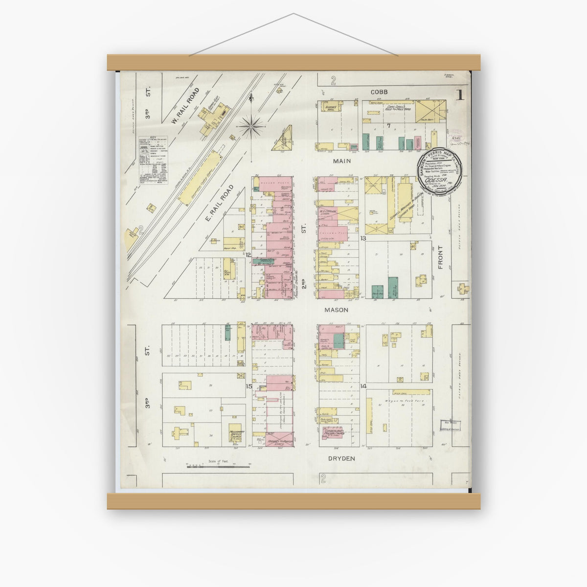 Old map wall art mockup — magnetic wood frame on white wall — Sanborn Fire Insurance Map from Odessa, Lafayette County, Missouri (1894), Sheet #0001