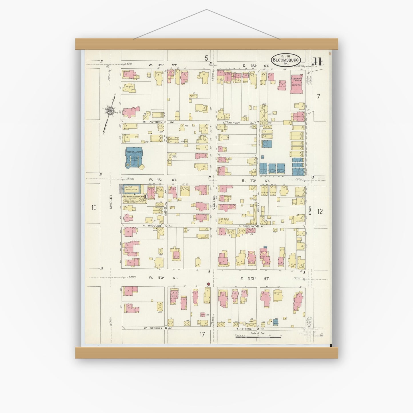 Old map wall art mockup — magnetic wood frame on white wall — Sanborn Fire Insurance Map from Bloomsburg, Columbia County, Pennsylvania (1913), Sheet #0011