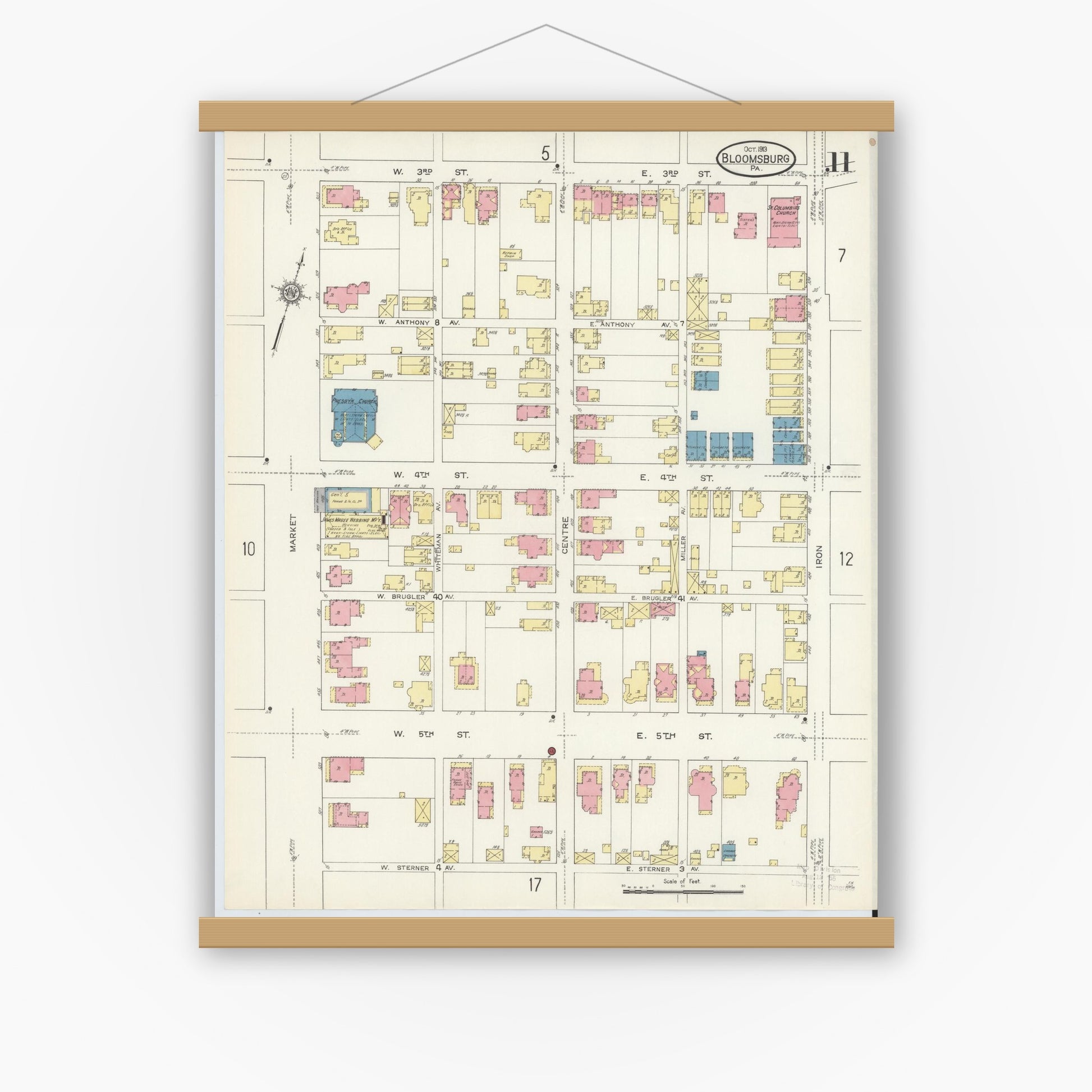 Old map wall art mockup — magnetic wood frame on white wall — Sanborn Fire Insurance Map from Bloomsburg, Columbia County, Pennsylvania (1913), Sheet #0011