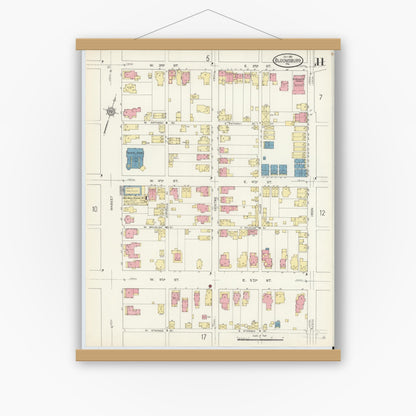 Old map wall art mockup — magnetic wood frame on white wall — Sanborn Fire Insurance Map from Bloomsburg, Columbia County, Pennsylvania (1913), Sheet #0011