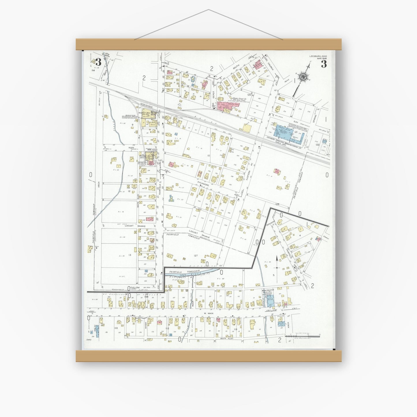 Old map wall art mockup — magnetic wood frame on white wall — Sanborn Fire Insurance Map from Leesburg, Highland County, Ohio (1948), Sheet #0003