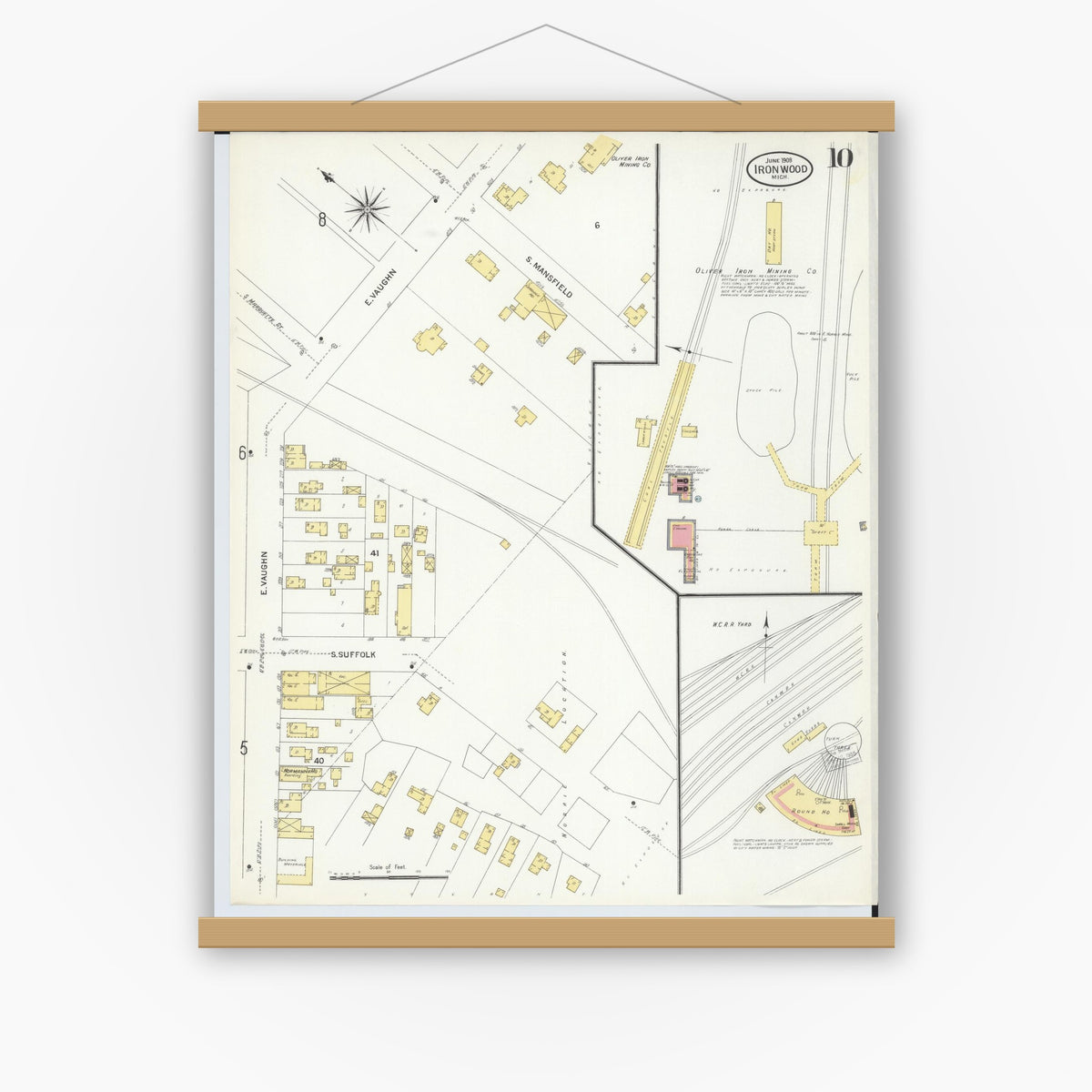 Old map wall art mockup — magnetic wood frame on white wall — Sanborn Fire Insurance Map from Ironwood, Gogebic County, Michigan (1908), Sheet #0010