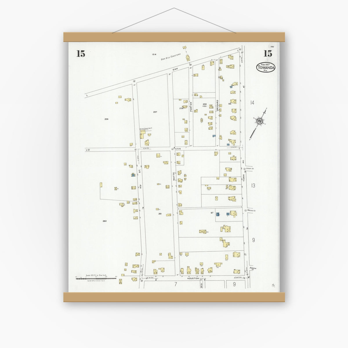 Old map wall art mockup — magnetic wood frame on white wall — Sanborn Fire Insurance Map from Towanda, Bradford County, Pennsylvania (1927), Sheet #0015