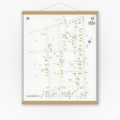 Old map wall art mockup — magnetic wood frame on white wall — Sanborn Fire Insurance Map from Towanda, Bradford County, Pennsylvania (1927), Sheet #0015