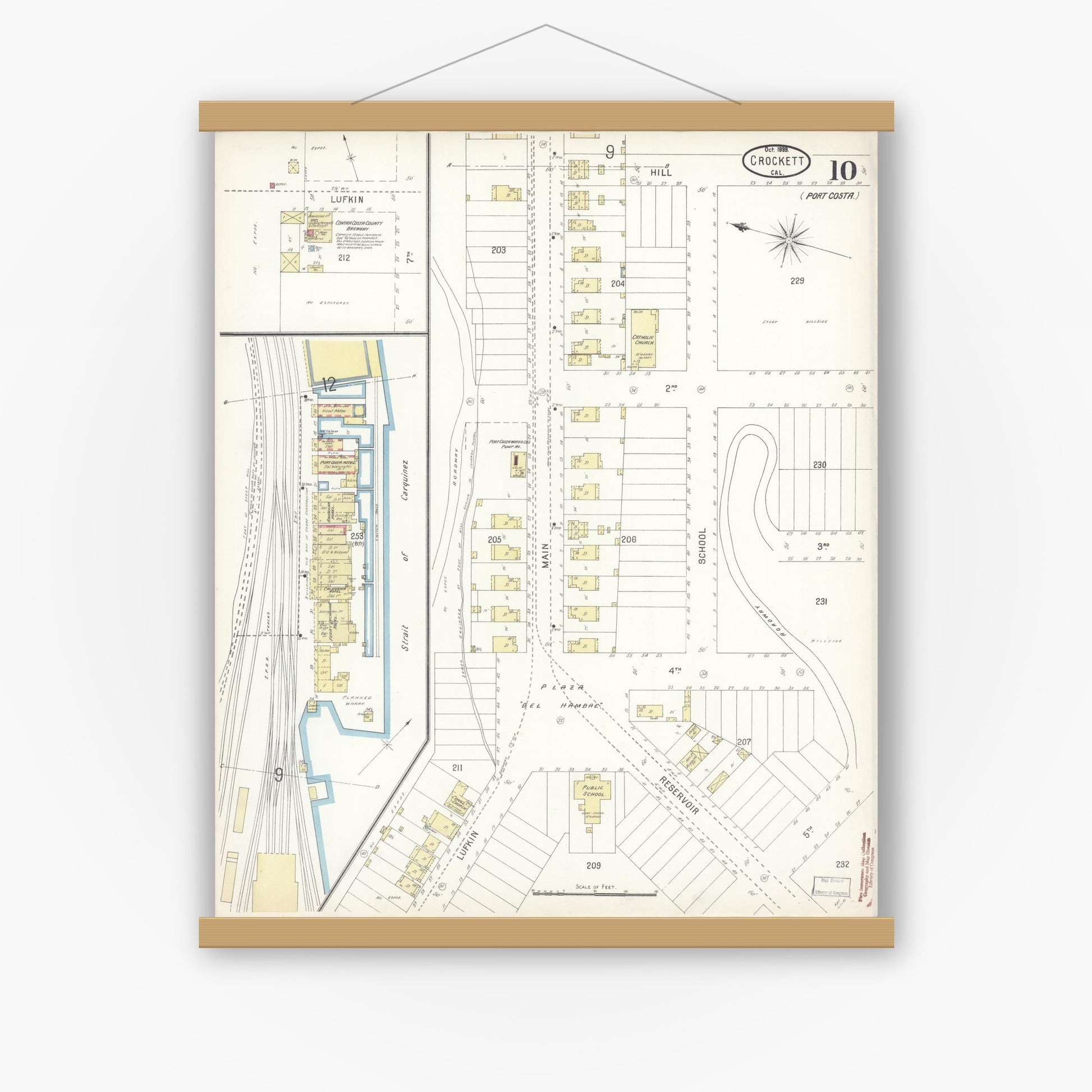 Old map wall art mockup — magnetic wood frame on white wall — Sanborn Fire Insurance Map from Crockett, Contra Costa County, California (1899), Sheet #0010