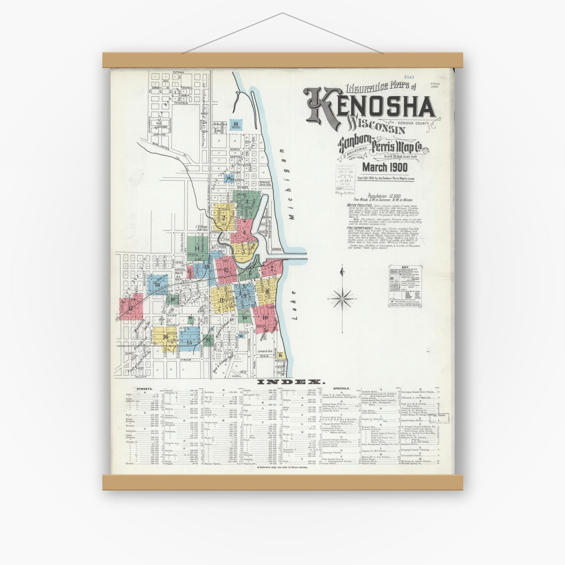 Old map wall art mockup — magnetic wood frame on white wall — Sanborn Fire Insurance Map from Kenosha, Kenosha County, Wisconsin (1900) - Complete Map Set