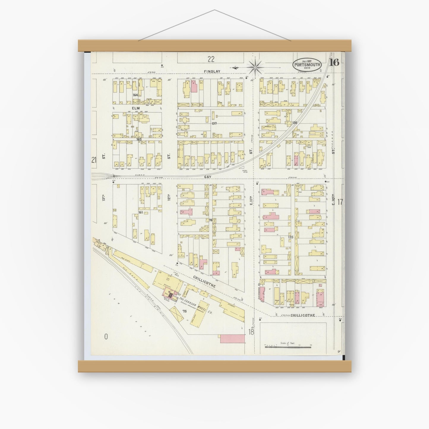 Old map wall art mockup — magnetic wood frame on white wall — Sanborn Fire Insurance Map from Portsmouth, Scioto County, Ohio (1897), Sheet #0016