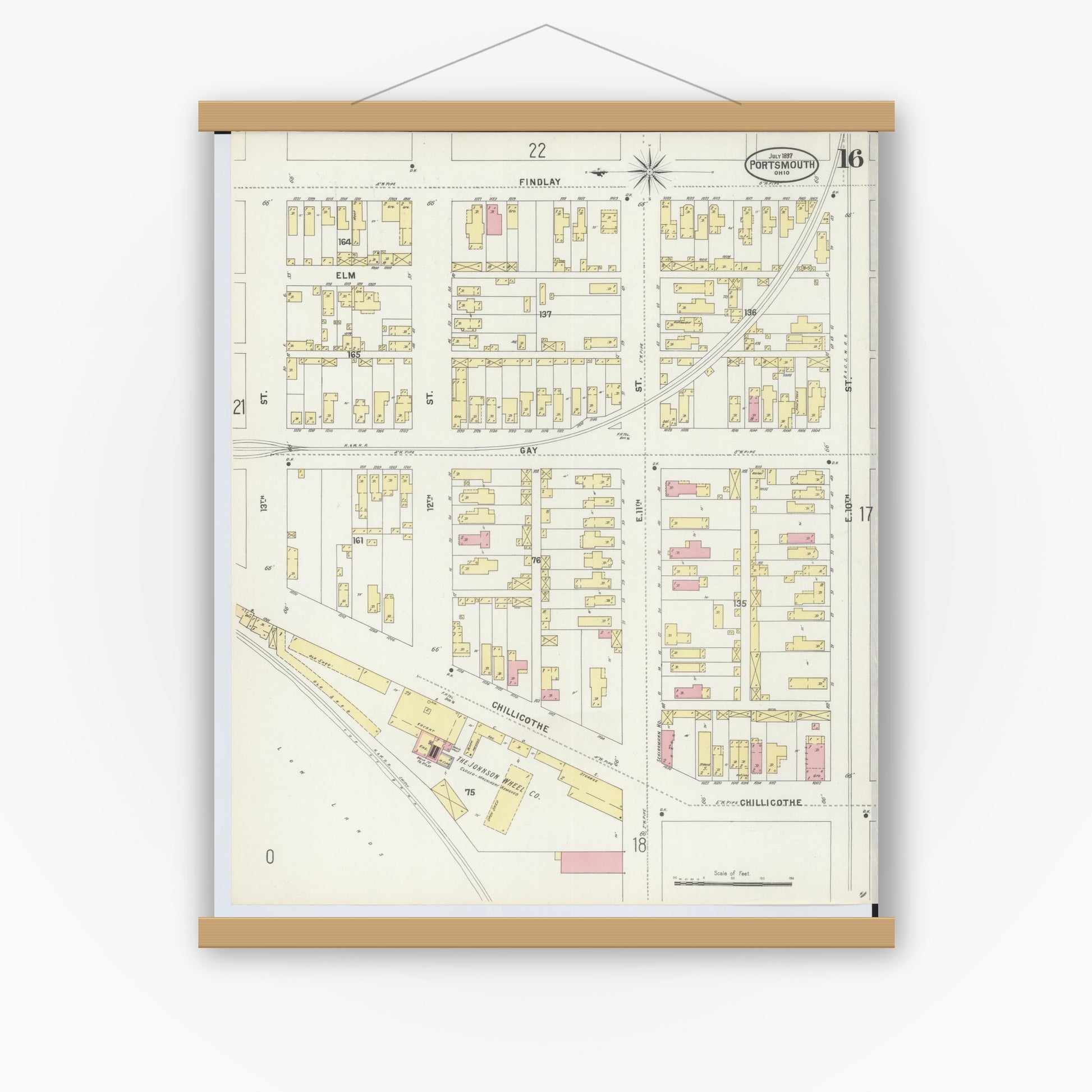 Old map wall art mockup — magnetic wood frame on white wall — Sanborn Fire Insurance Map from Portsmouth, Scioto County, Ohio (1897), Sheet #0016