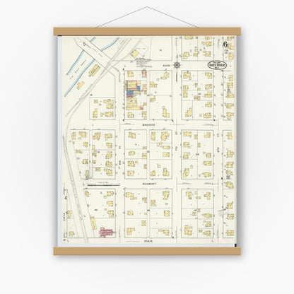 Old map wall art mockup — magnetic wood frame on white wall — Sanborn Fire Insurance Map from Three Rivers, Saint Joseph County, Michigan (1916), Sheet #0006