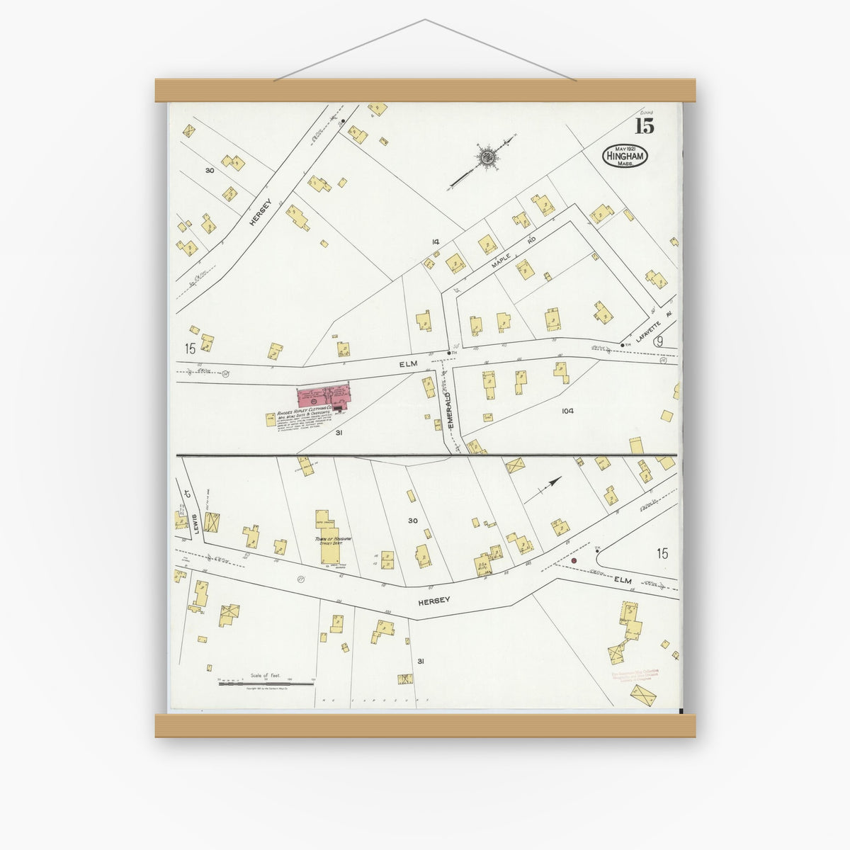 Old map wall art mockup — magnetic wood frame on white wall — Sanborn Fire Insurance Map from Hingham, Plymouth County, Massachusetts (1921), Sheet #0015