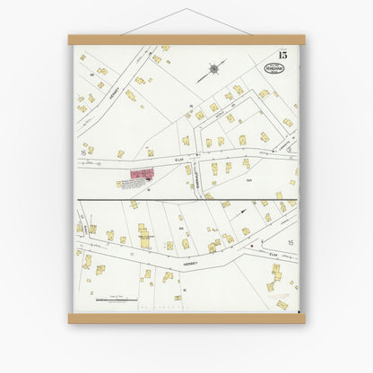 Old map wall art mockup — magnetic wood frame on white wall — Sanborn Fire Insurance Map from Hingham, Plymouth County, Massachusetts (1921), Sheet #0015
