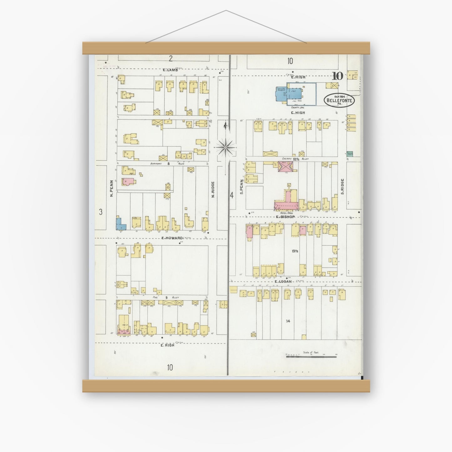 Old map wall art mockup — magnetic wood frame on white wall — Sanborn Fire Insurance Map from Bellefonte, Centre County, Pennsylvania (1904), Sheet #0010