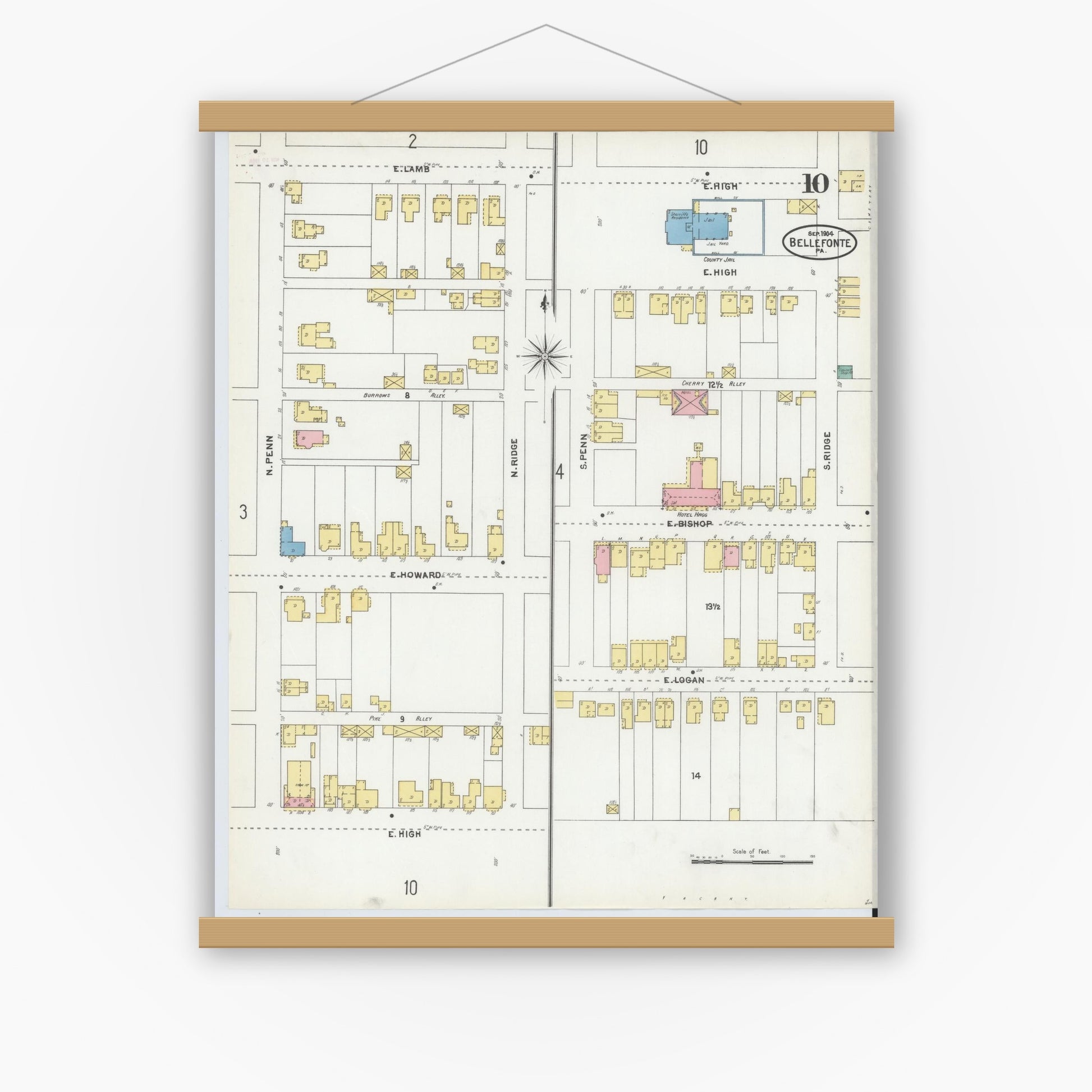 Old map wall art mockup — magnetic wood frame on white wall — Sanborn Fire Insurance Map from Bellefonte, Centre County, Pennsylvania (1904), Sheet #0010