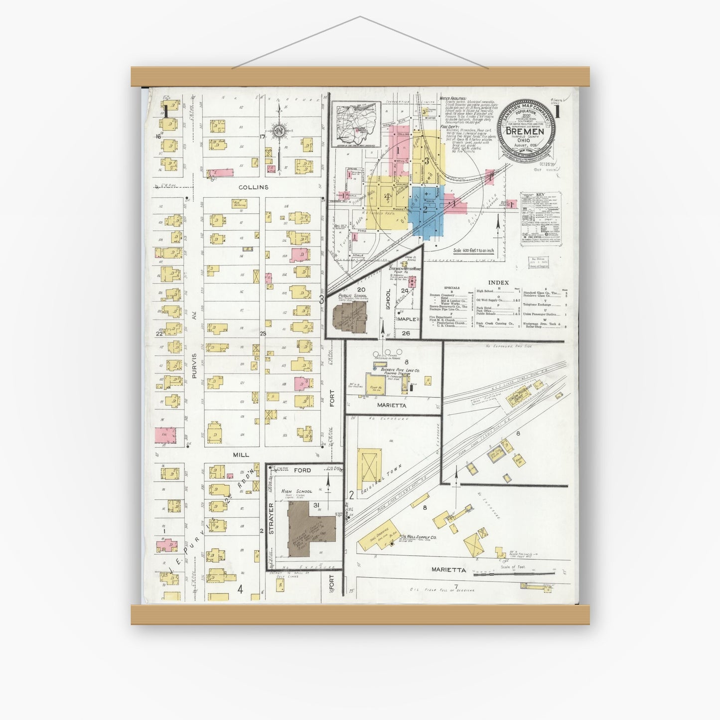 Old map wall art mockup — magnetic wood frame on white wall — Sanborn Fire Insurance Map from Bremen, Fairfield County, Ohio (1926) - Complete Map Set
