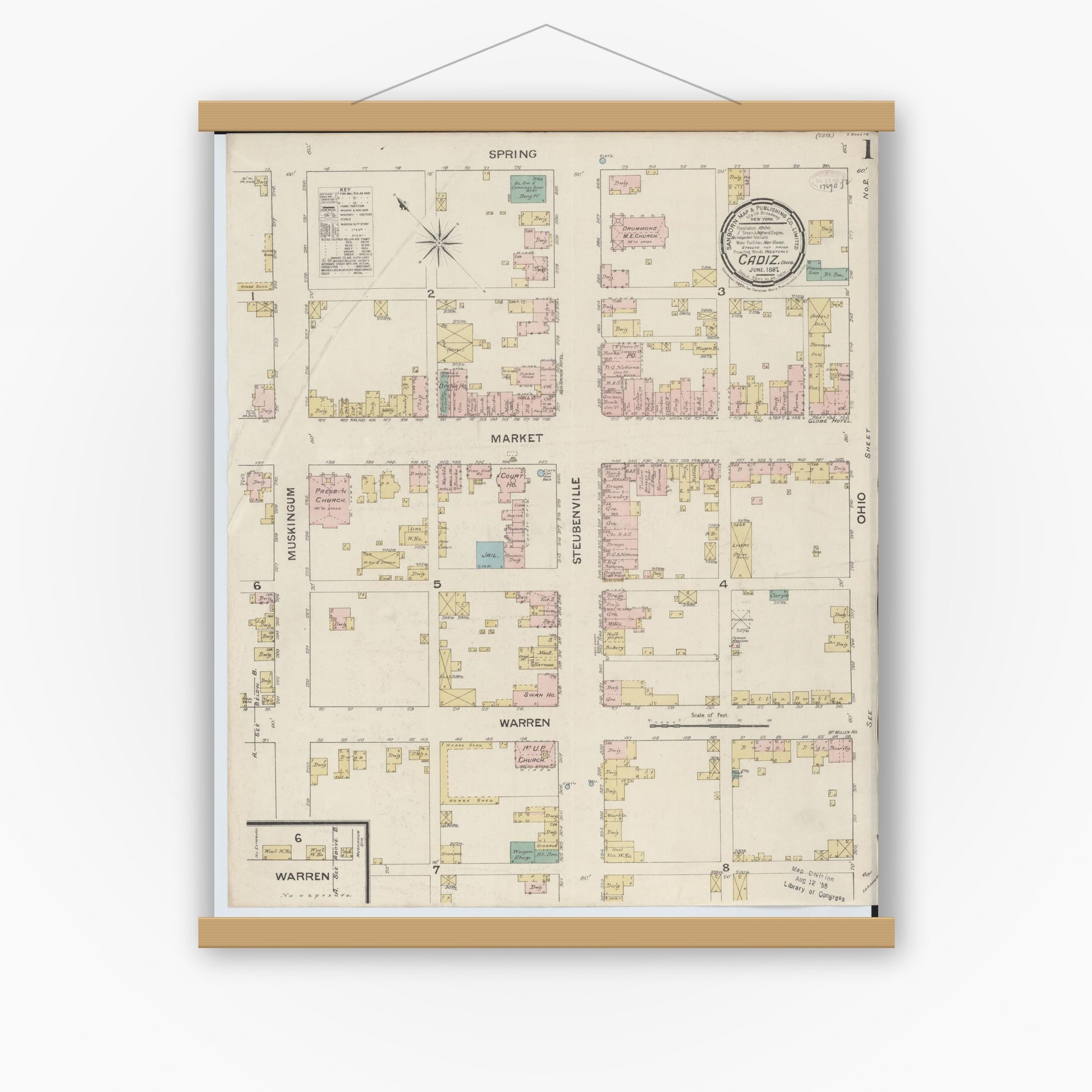 Old map wall art mockup — magnetic wood frame on white wall — Sanborn Fire Insurance Map from Cadiz, Harrison County, Ohio (1887), Sheet #0001