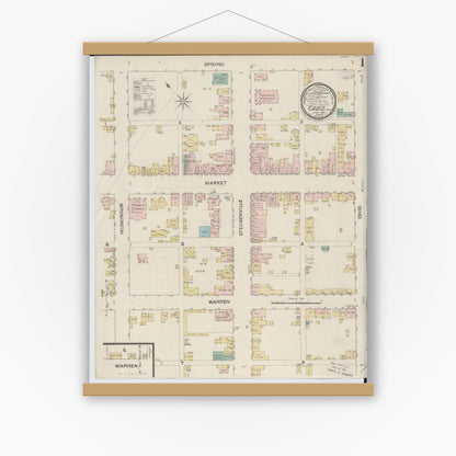 Old map wall art mockup — magnetic wood frame on white wall — Sanborn Fire Insurance Map from Cadiz, Harrison County, Ohio (1887), Sheet #0001