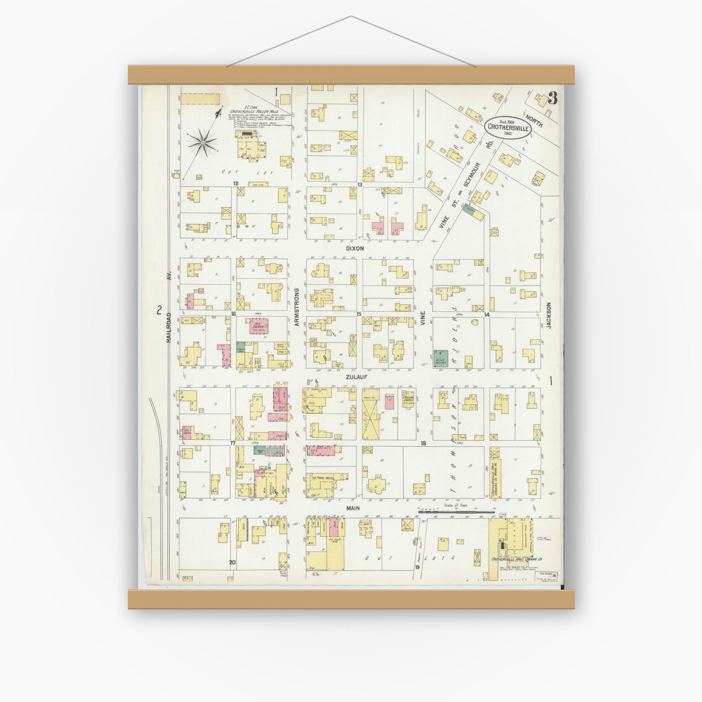 Old map wall art mockup — magnetic wood frame on white wall — Sanborn Fire Insurance Map from Crothersville, Jackson County, Indiana (1901), Sheet #0003