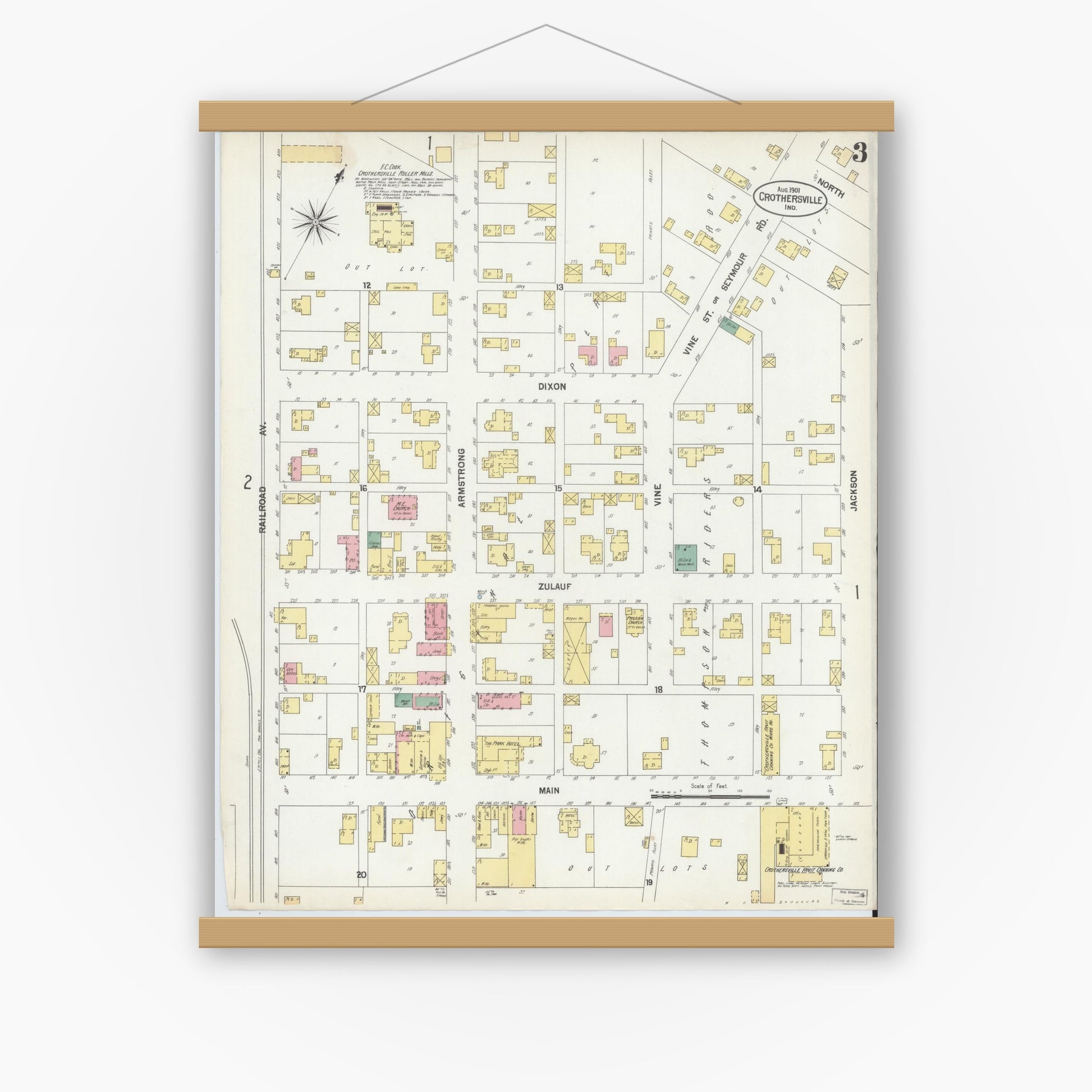 Old map wall art mockup — magnetic wood frame on white wall — Sanborn Fire Insurance Map from Crothersville, Jackson County, Indiana (1901), Sheet #0003
