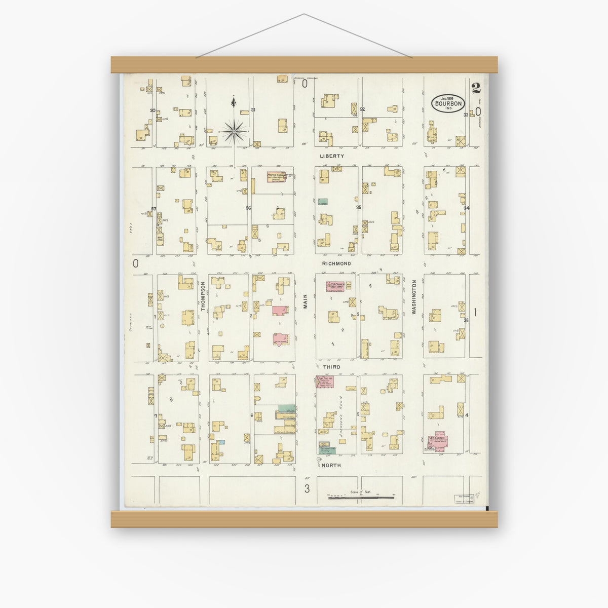 Old map wall art mockup — magnetic wood frame on white wall — Sanborn Fire Insurance Map from Bourbon, Marshall County, Indiana (1899), Sheet #0002