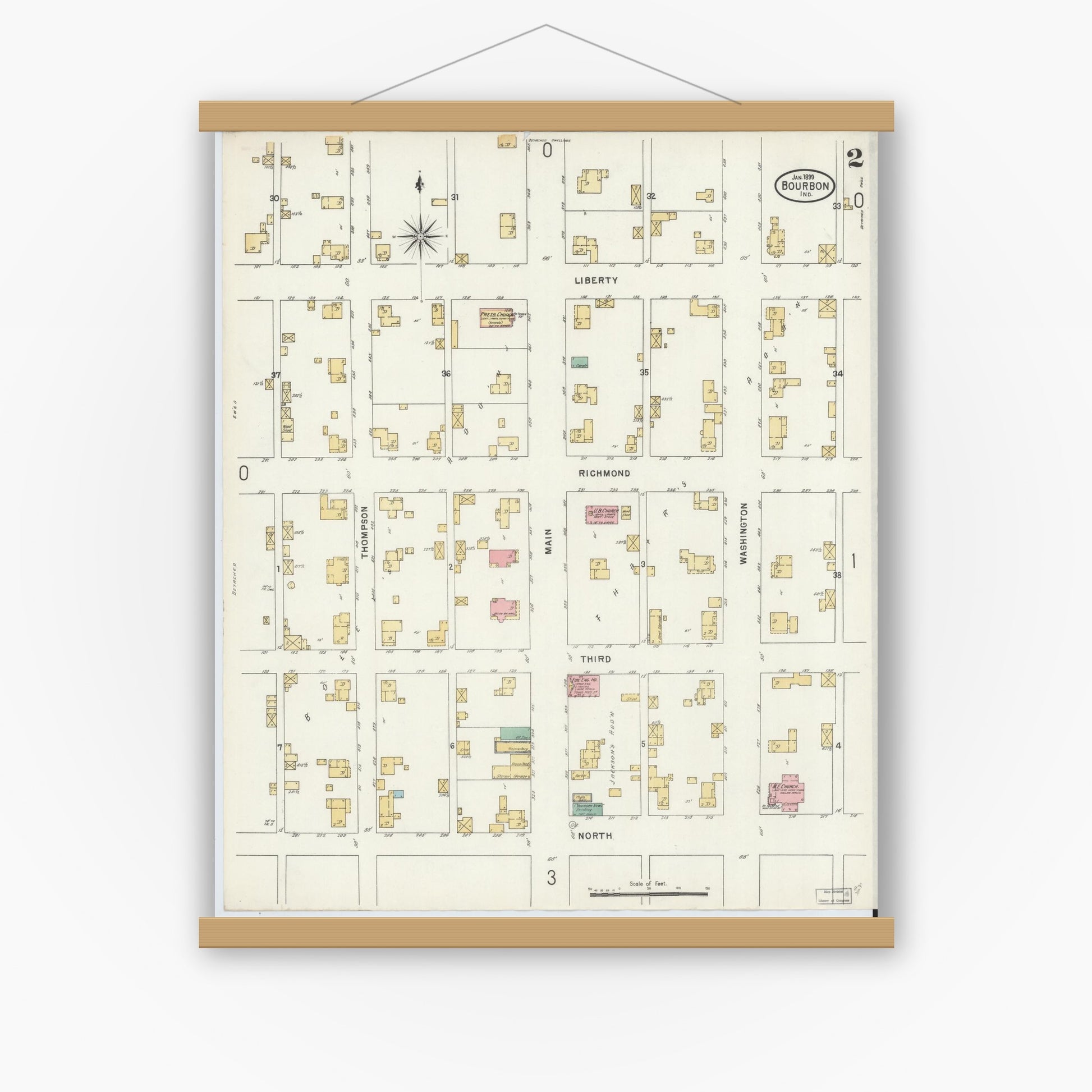 Old map wall art mockup — magnetic wood frame on white wall — Sanborn Fire Insurance Map from Bourbon, Marshall County, Indiana (1899), Sheet #0002