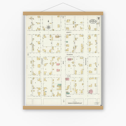 Old map wall art mockup — magnetic wood frame on white wall — Sanborn Fire Insurance Map from Bourbon, Marshall County, Indiana (1899), Sheet #0002