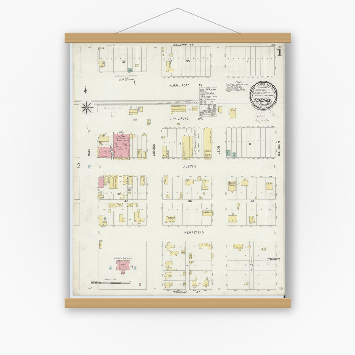 Old map wall art mockup — magnetic wood frame on white wall — Sanborn Fire Insurance Map from Giddings, Lee County, Texas (1896), Sheet #0001