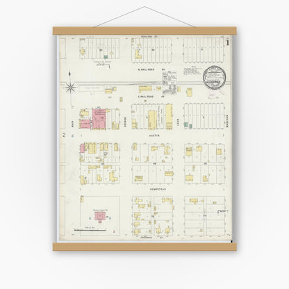 Old map wall art mockup — magnetic wood frame on white wall — Sanborn Fire Insurance Map from Giddings, Lee County, Texas (1896), Sheet #0001