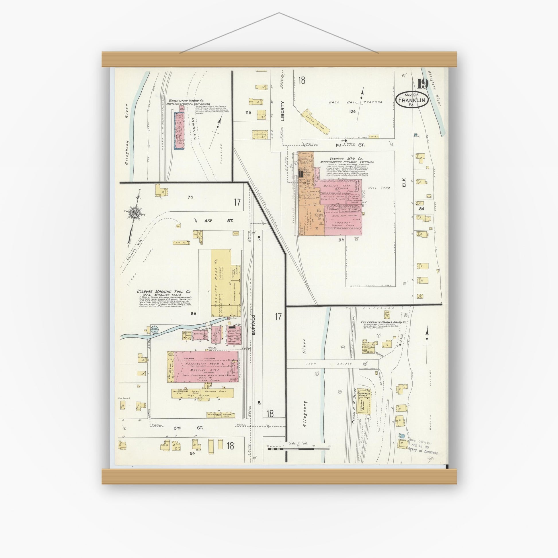 Old map wall art mockup — magnetic wood frame on white wall — Sanborn Fire Insurance Map from Franklin, Venango County, Pennsylvania (1912), Sheet #0019