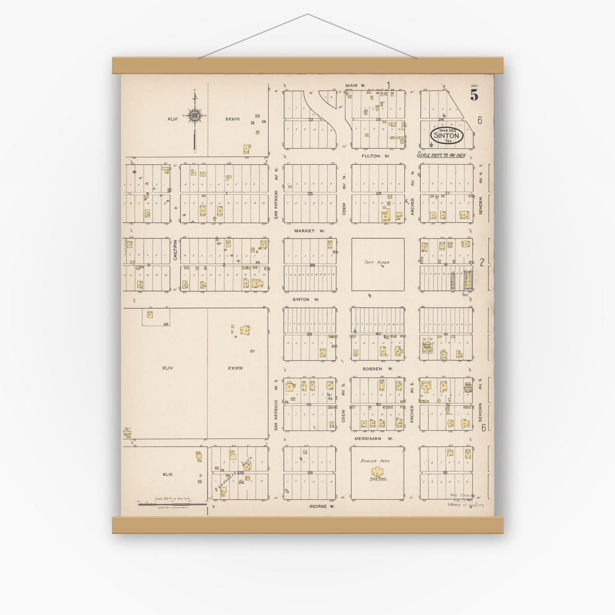 Old map wall art mockup — magnetic wood frame on white wall — Sanborn Fire Insurance Map from Sinton, San Patricio County, Texas (1922), Sheet #0005