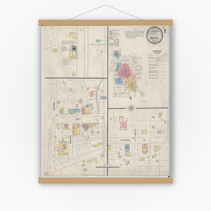 Old map wall art mockup — magnetic wood frame on white wall — Sanborn Fire Insurance Map from Warren, Jo Daviess County, Illinois (1898), Sheet #0001