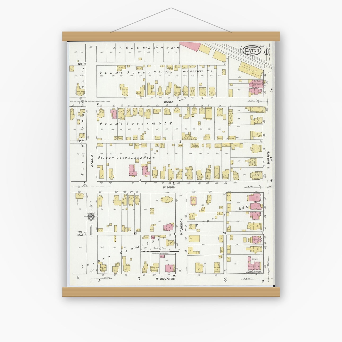 Old map wall art mockup — magnetic wood frame on white wall — Sanborn Fire Insurance Map from Eaton, Preble County, Ohio (1921), Sheet #0004