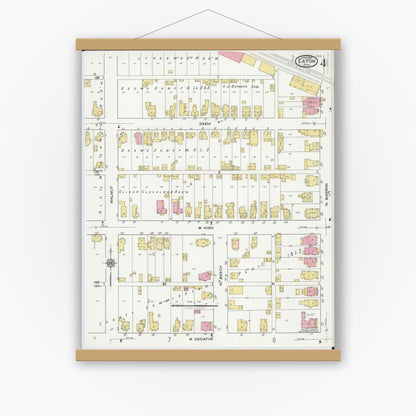 Old map wall art mockup — magnetic wood frame on white wall — Sanborn Fire Insurance Map from Eaton, Preble County, Ohio (1921), Sheet #0004
