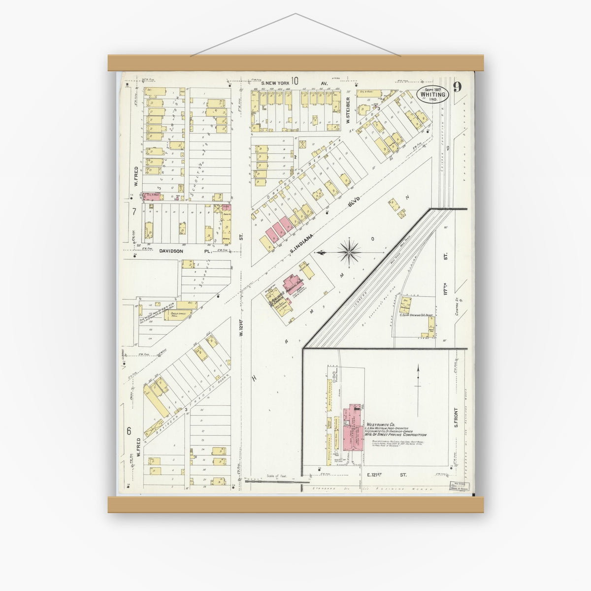 Old map wall art mockup — magnetic wood frame on white wall — Sanborn Fire Insurance Map from Whiting, Lake County, Indiana (1907), Sheet #0009