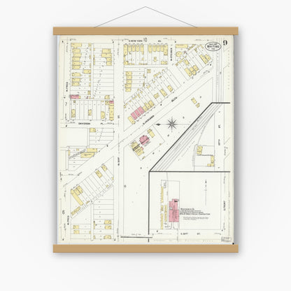 Old map wall art mockup — magnetic wood frame on white wall — Sanborn Fire Insurance Map from Whiting, Lake County, Indiana (1907), Sheet #0009