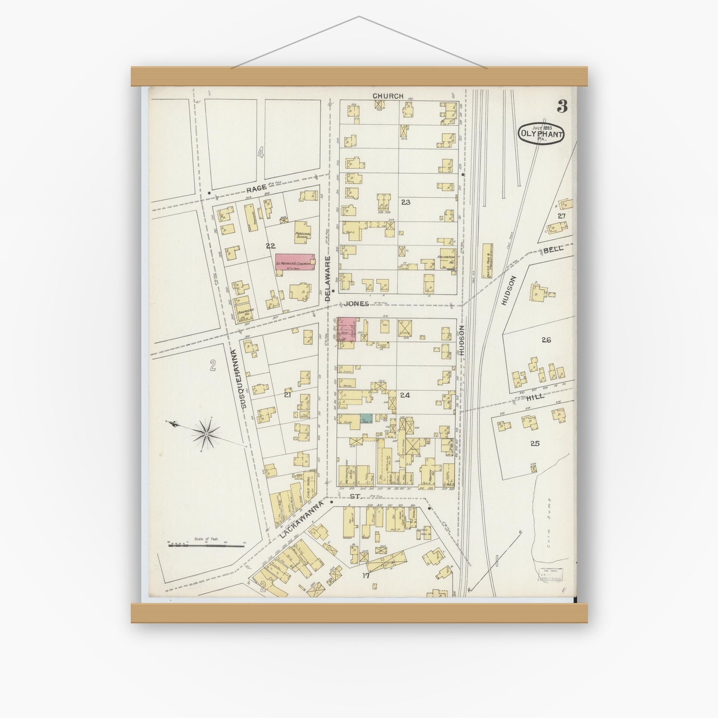 Old map wall art mockup — magnetic wood frame on white wall — Sanborn Fire Insurance Map from Olyphant, Lackawanna County, Pennsylvania (1893), Sheet #0003