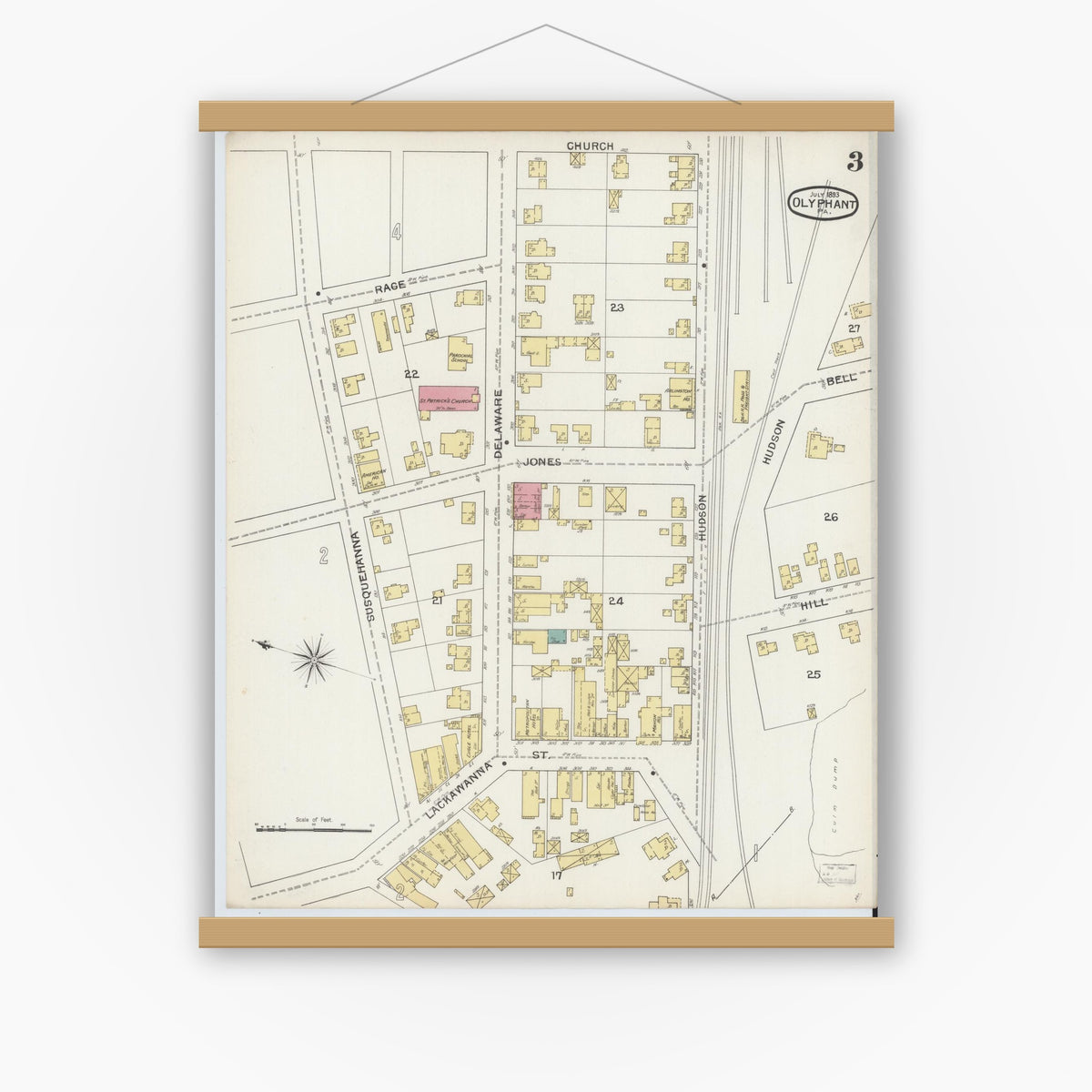 Old map wall art mockup — magnetic wood frame on white wall — Sanborn Fire Insurance Map from Olyphant, Lackawanna County, Pennsylvania (1893), Sheet #0003