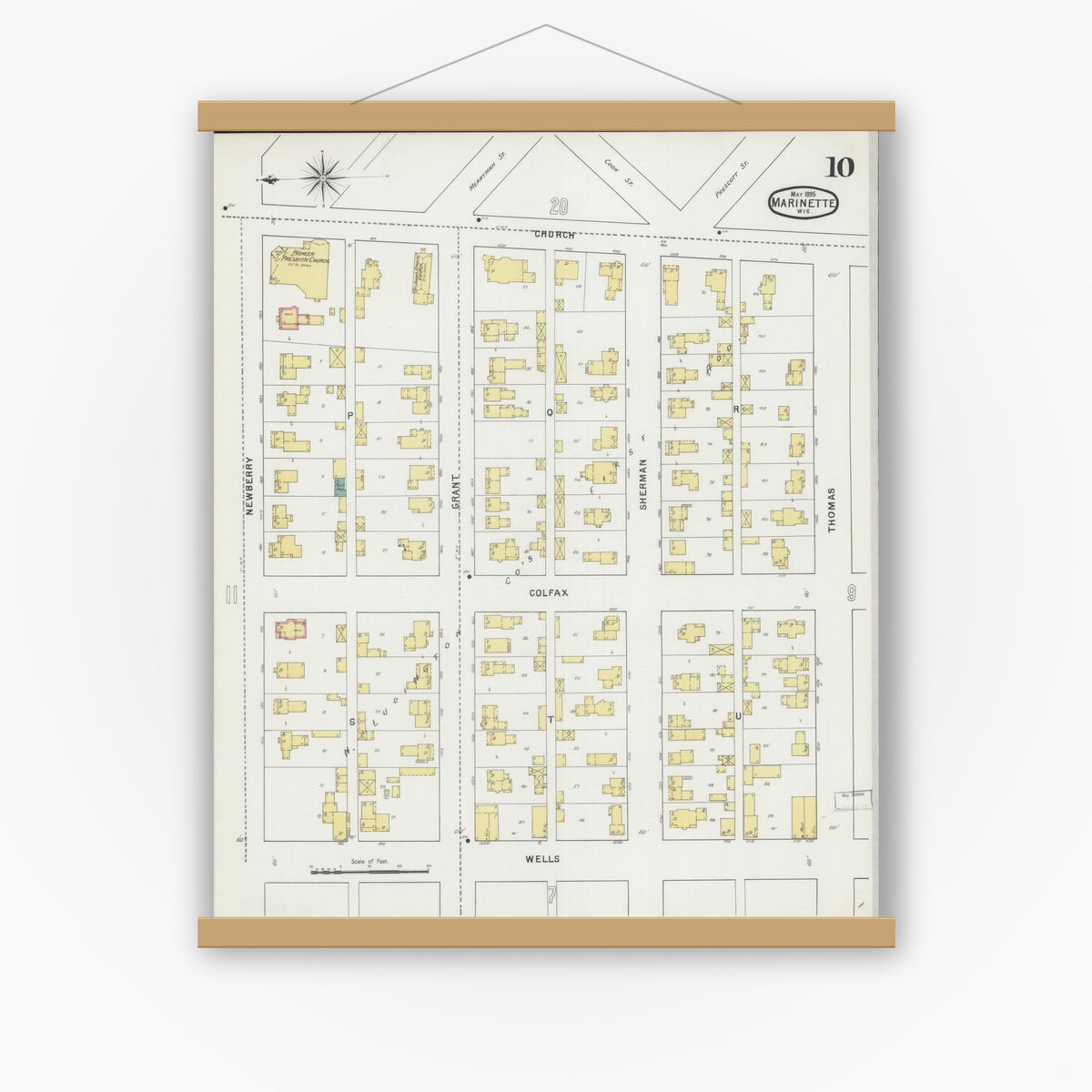 Old map wall art mockup — magnetic wood frame on white wall — Sanborn Fire Insurance Map from Marinette, Marinette County, Wisconsin (1895), Sheet #0010