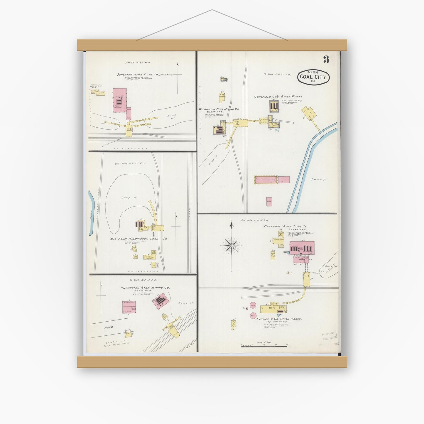 Old map wall art mockup — magnetic wood frame on white wall — Sanborn Fire Insurance Map from Coal City, Grundy County, Illinois (1892), Sheet #0003