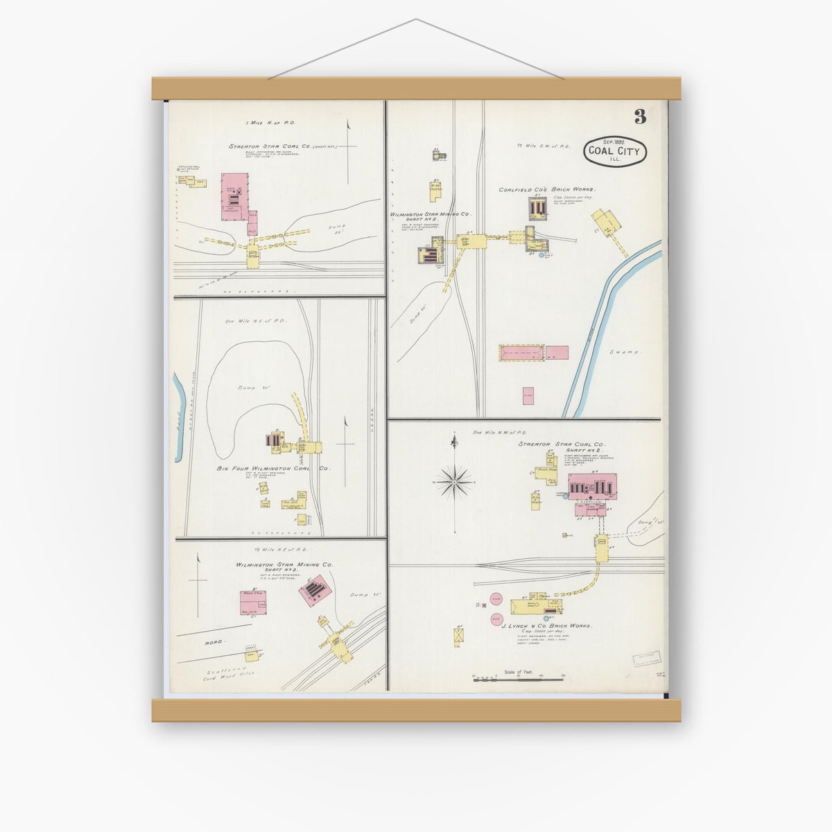 Old map wall art mockup — magnetic wood frame on white wall — Sanborn Fire Insurance Map from Coal City, Grundy County, Illinois (1892), Sheet #0003