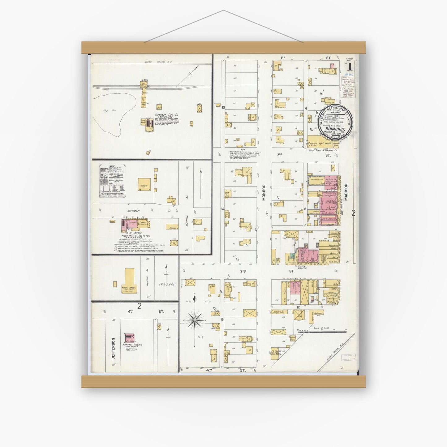 Old map wall art mockup — magnetic wood frame on white wall — Sanborn Fire Insurance Map from Kinmundy, Marion County, Illinois (1900) - Complete Map Set