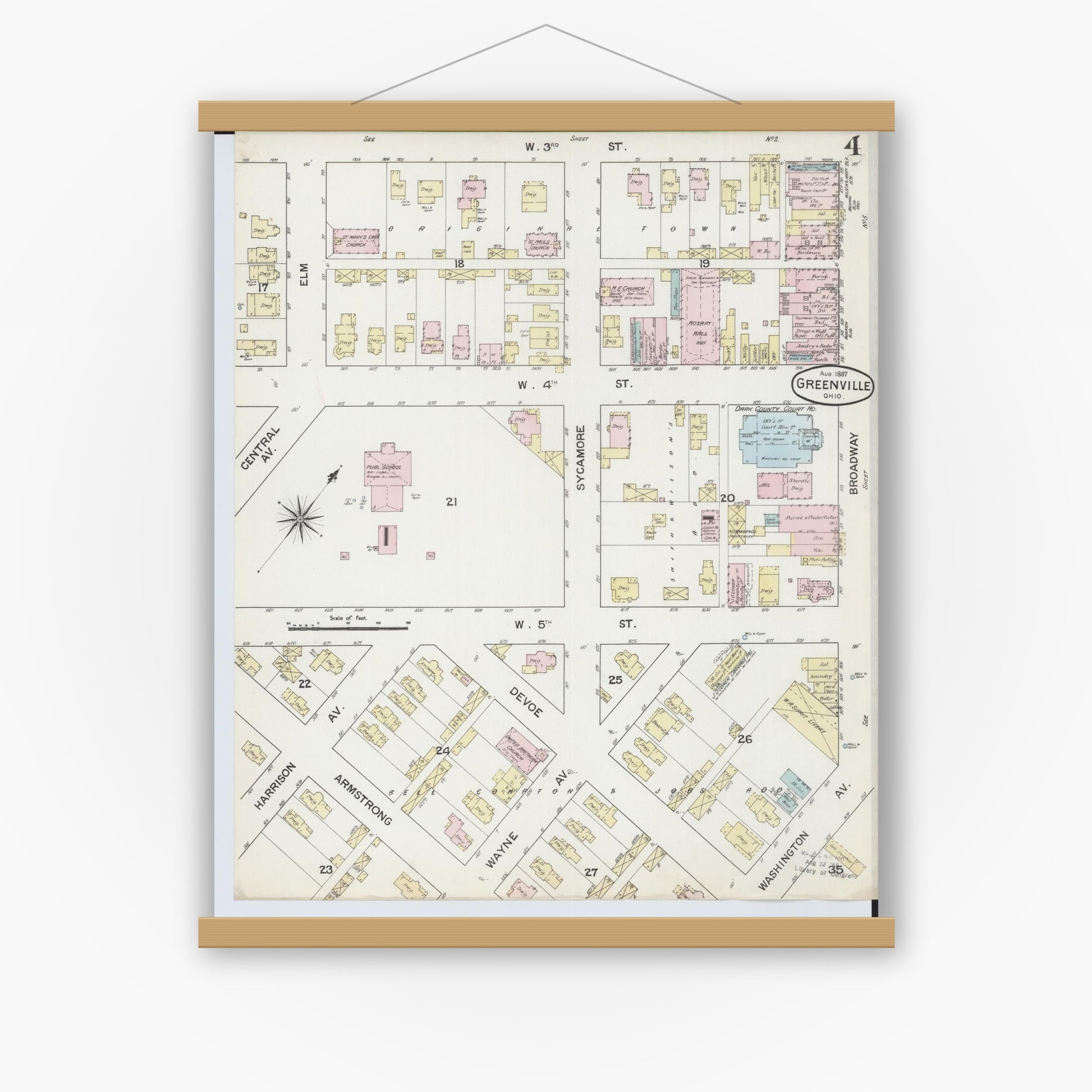 Old map wall art mockup — magnetic wood frame on white wall — Sanborn Fire Insurance Map from Greenville, Darke County, Ohio (1887), Sheet #0004