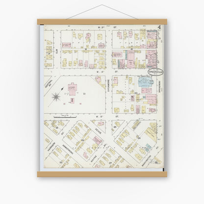 Old map wall art mockup — magnetic wood frame on white wall — Sanborn Fire Insurance Map from Greenville, Darke County, Ohio (1887), Sheet #0004
