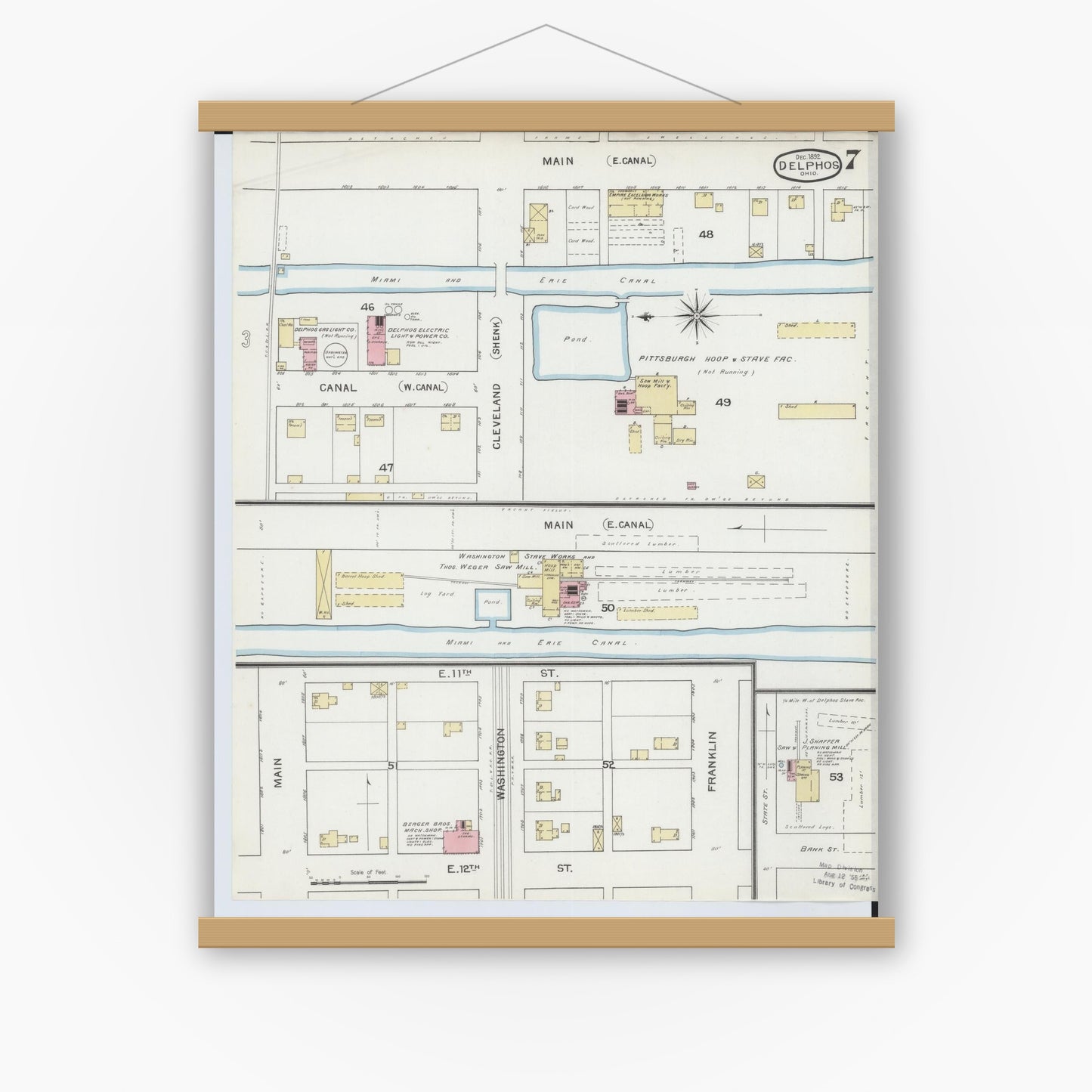 Old map wall art mockup — magnetic wood frame on white wall — Sanborn Fire Insurance Map from Delphos, Van Wert And Allen Counties, Ohio (1892), Sheet #0007