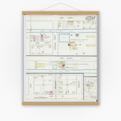 Old map wall art mockup — magnetic wood frame on white wall — Sanborn Fire Insurance Map from Delphos, Van Wert And Allen Counties, Ohio (1892), Sheet #0007