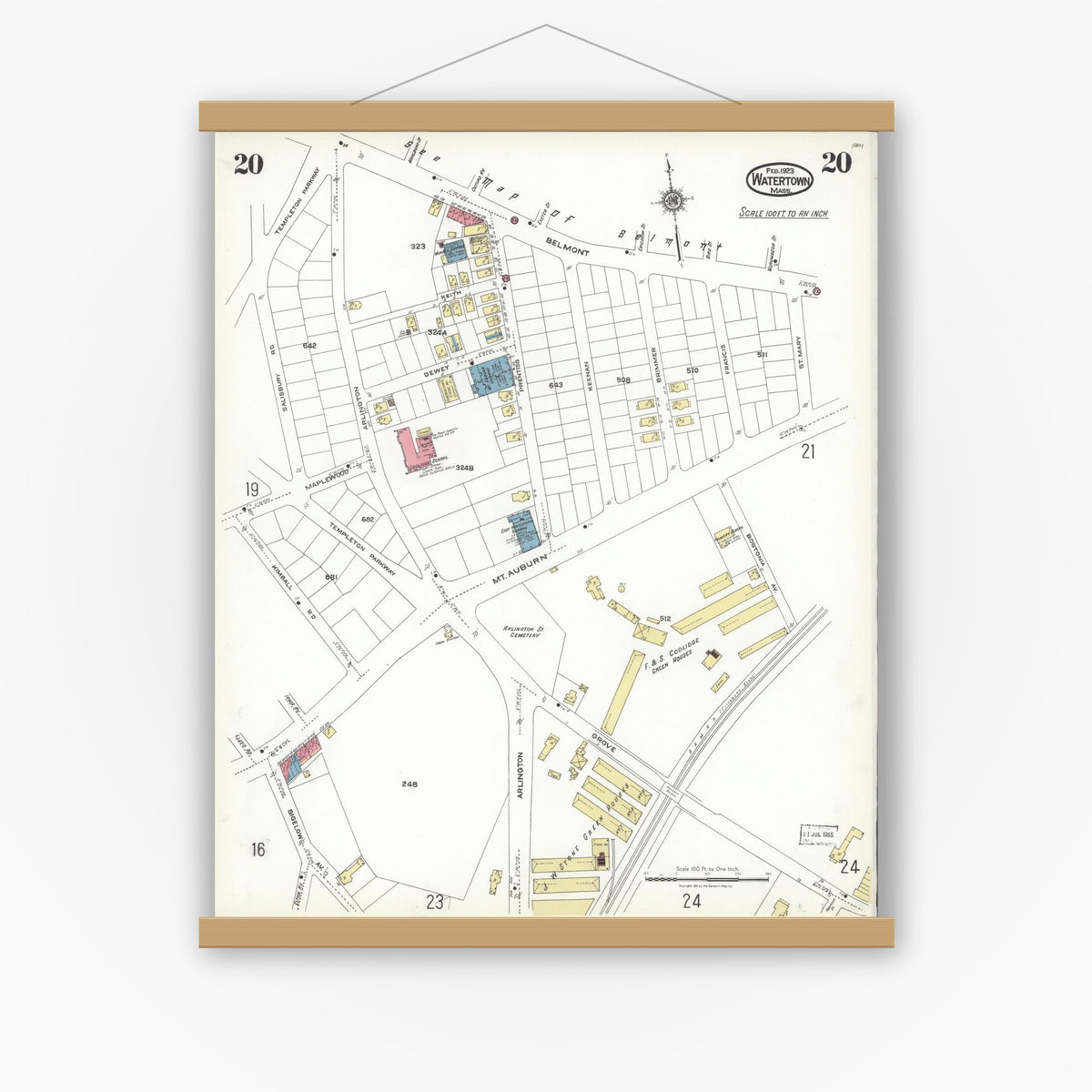 Old map wall art mockup — magnetic wood frame on white wall — Sanborn Fire Insurance Map from Watertown, Middlesex County, Massachusetts (1923), Sheet #0020