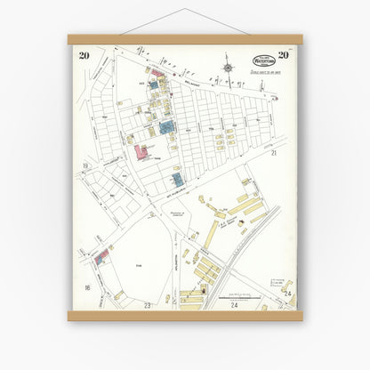 Old map wall art mockup — magnetic wood frame on white wall — Sanborn Fire Insurance Map from Watertown, Middlesex County, Massachusetts (1923), Sheet #0020