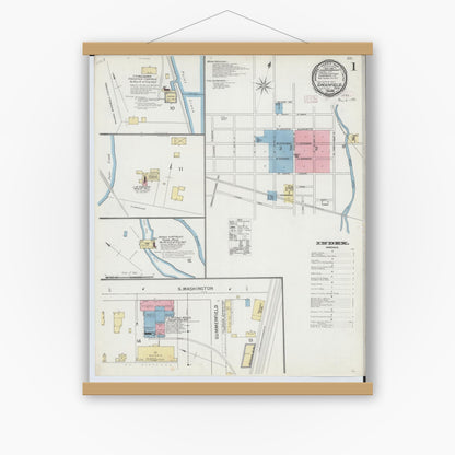 Old map wall art mockup — magnetic wood frame on white wall — Sanborn Fire Insurance Map from Greenfield, Highland County, Ohio (1893), Sheet #0001