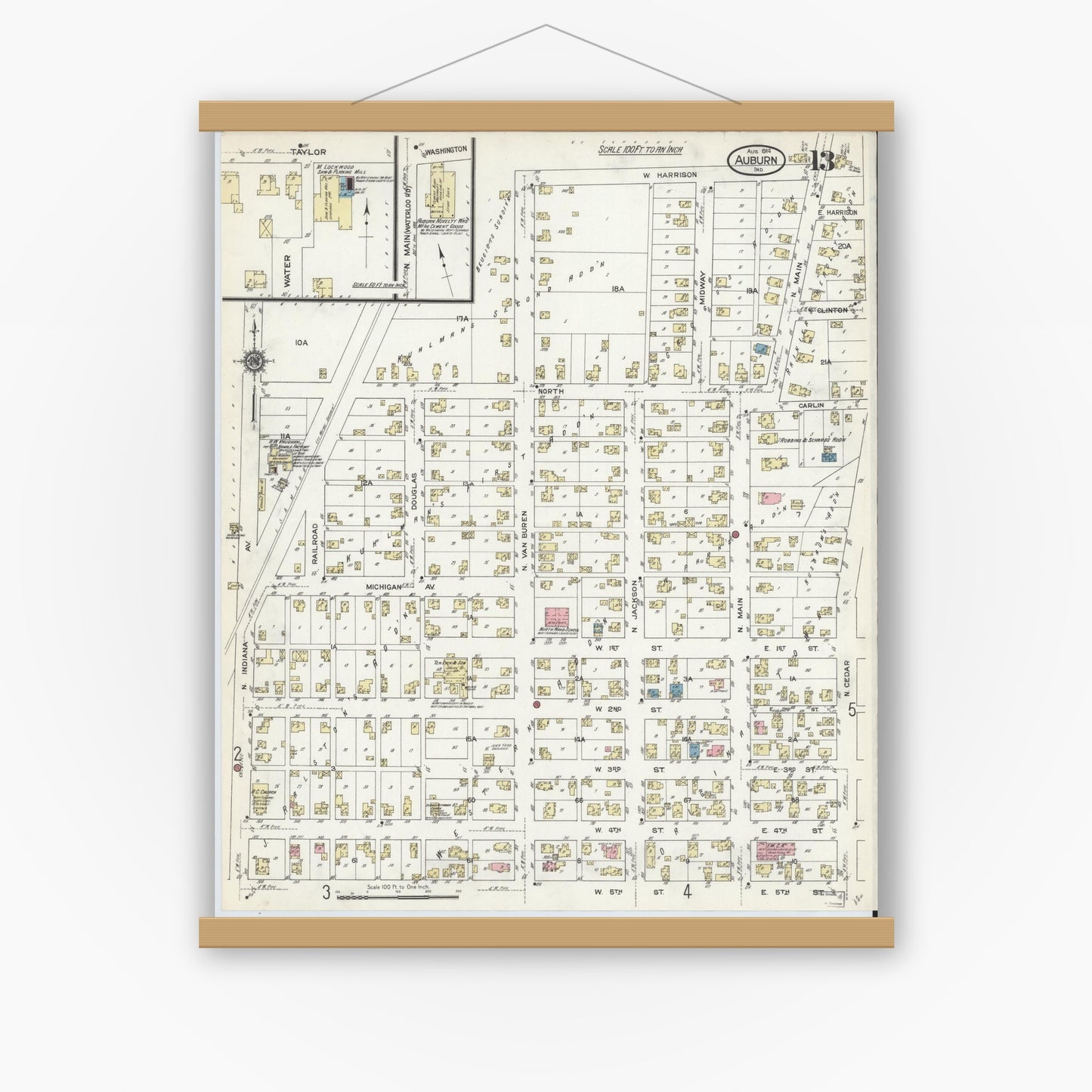 Old map wall art mockup — magnetic wood frame on white wall — Sanborn Fire Insurance Map from Auburn, De Kalb County, Indiana (1914), Sheet #0013