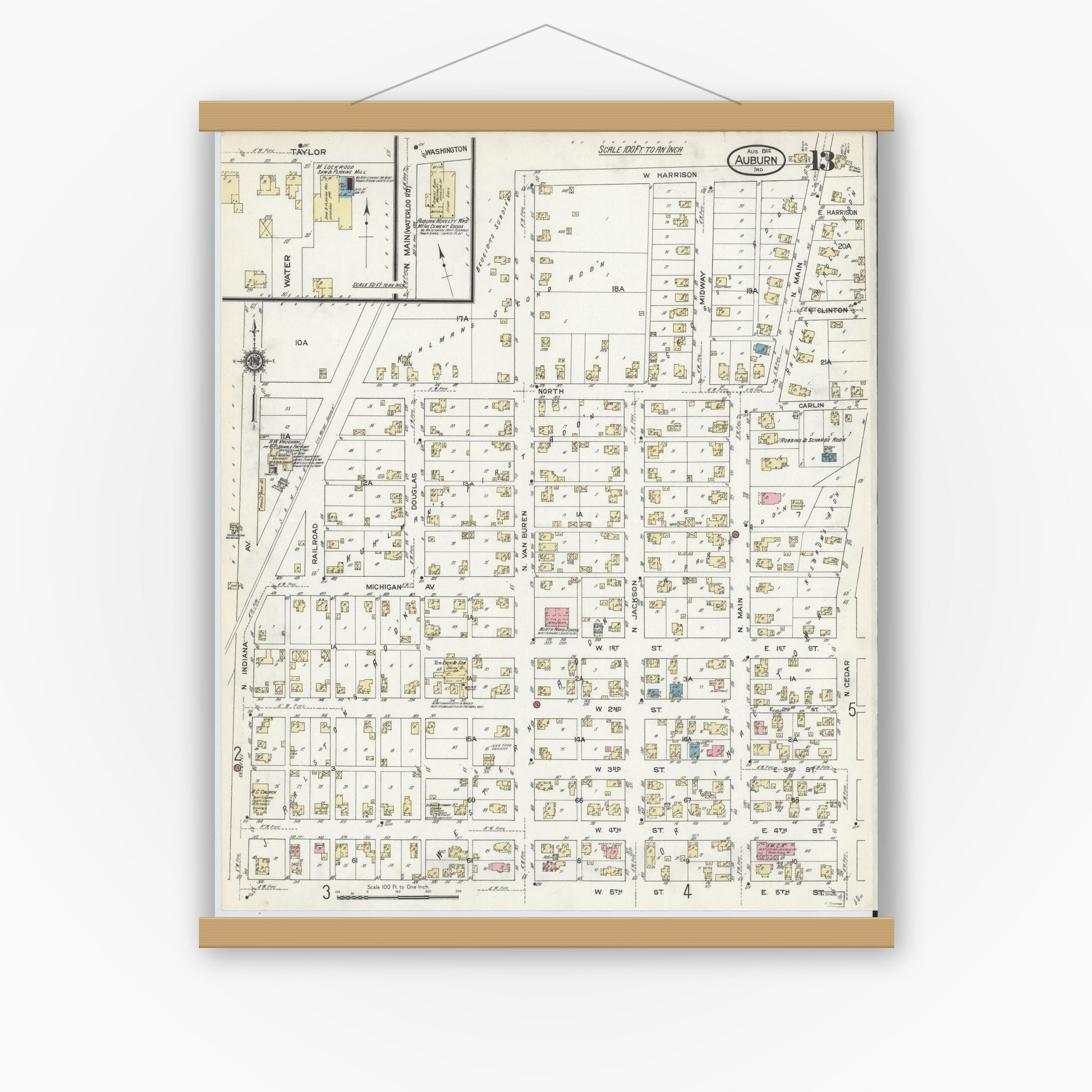 Old map wall art mockup — magnetic wood frame on white wall — Sanborn Fire Insurance Map from Auburn, De Kalb County, Indiana (1914), Sheet #0013