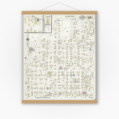 Old map wall art mockup — magnetic wood frame on white wall — Sanborn Fire Insurance Map from Auburn, De Kalb County, Indiana (1914), Sheet #0013